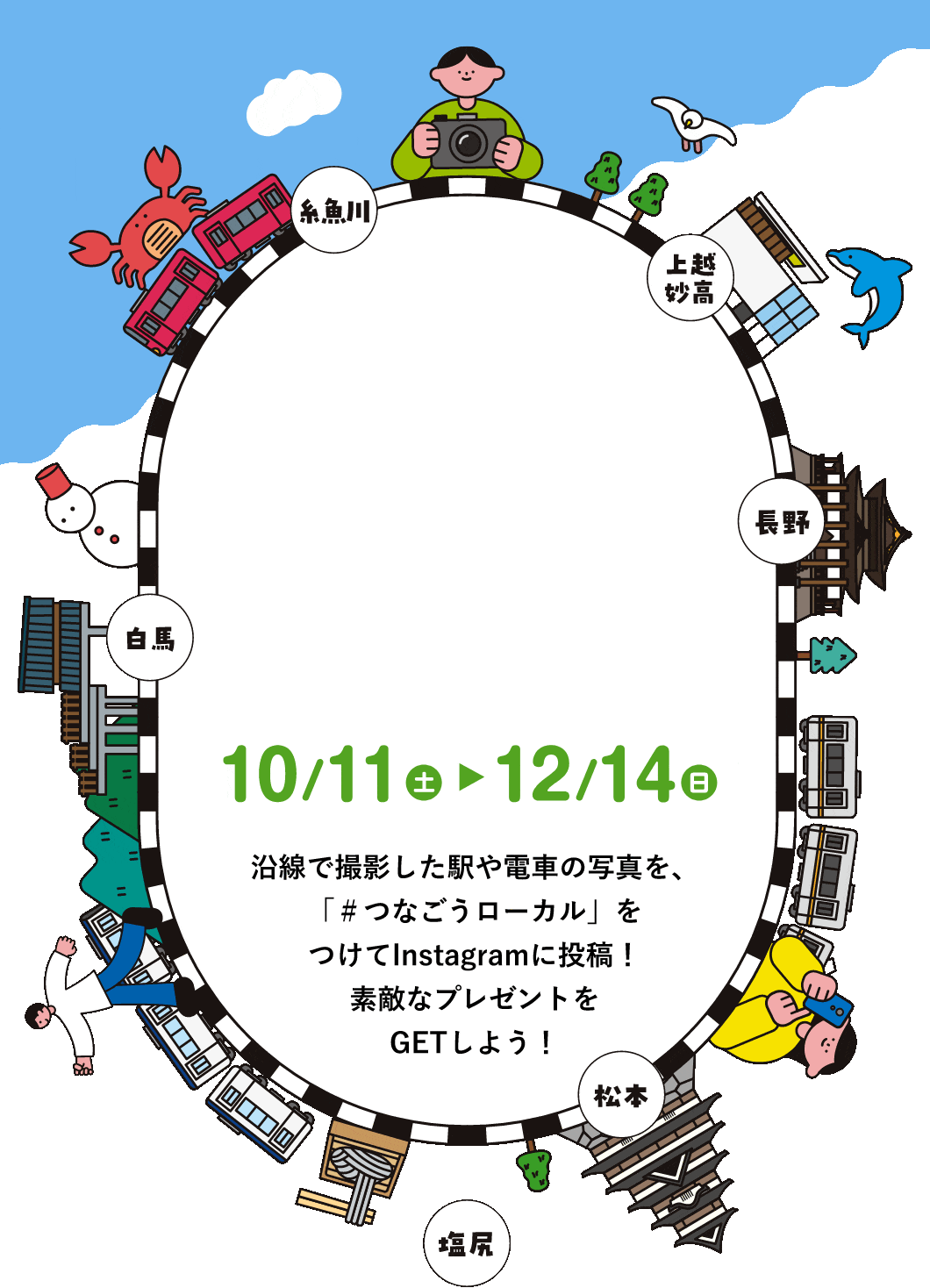 10/11(土)～12/14(日),沿線で撮影した駅や電車の写真を、「#つなごうローカル」をつけてInstagramに投稿！素敵なプレゼントをGETしよう！